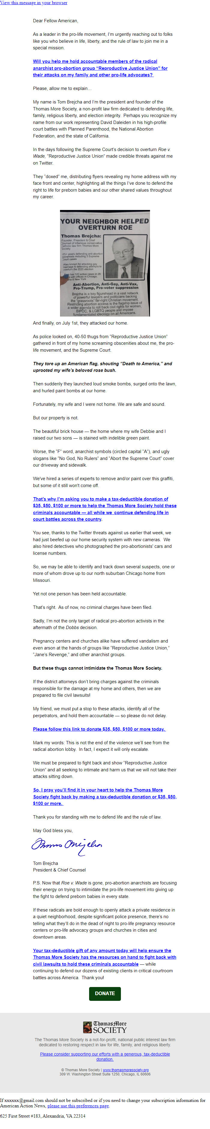 Screenshot of the email generated on import