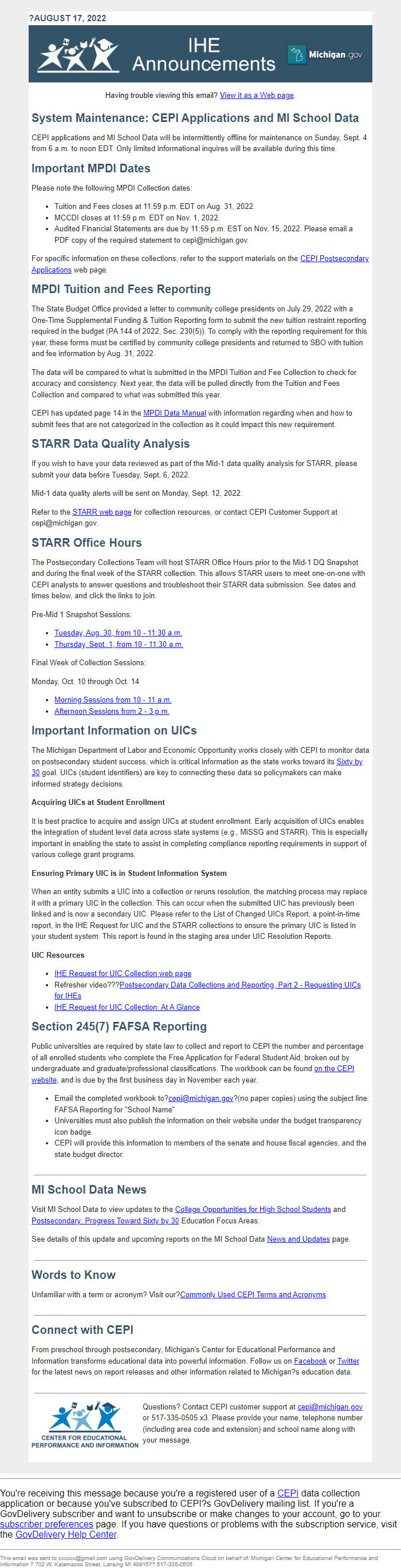 Screenshot of the email generated on import