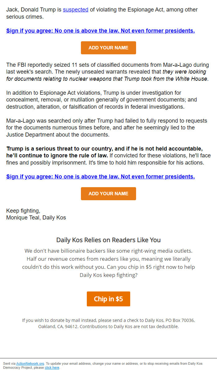 Screenshot of the email generated on import