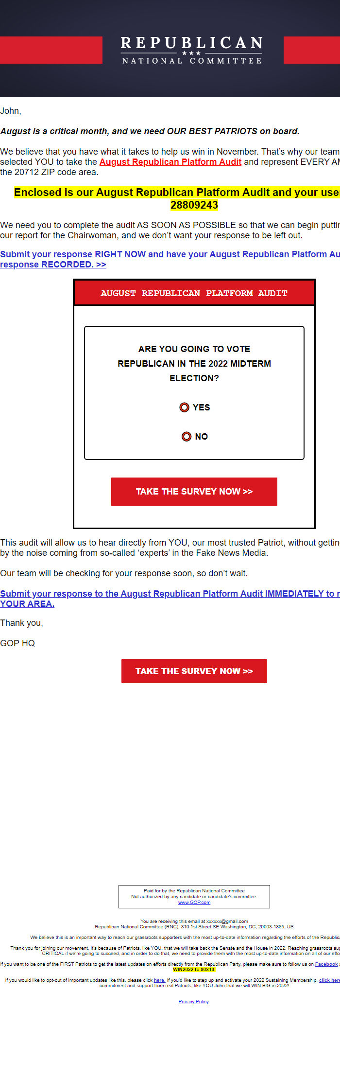 Screenshot of the email generated on import