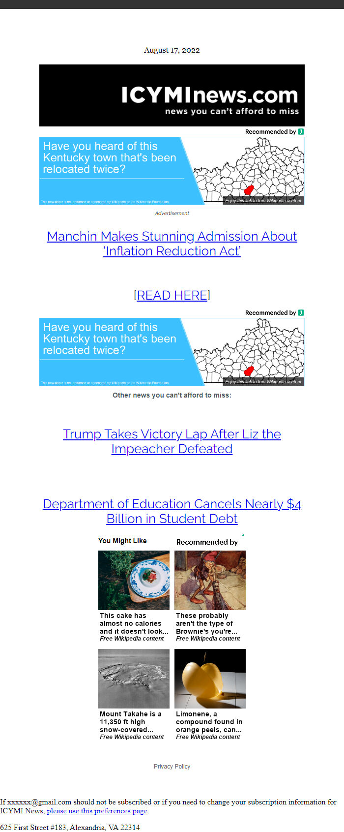 Screenshot of the email generated on import