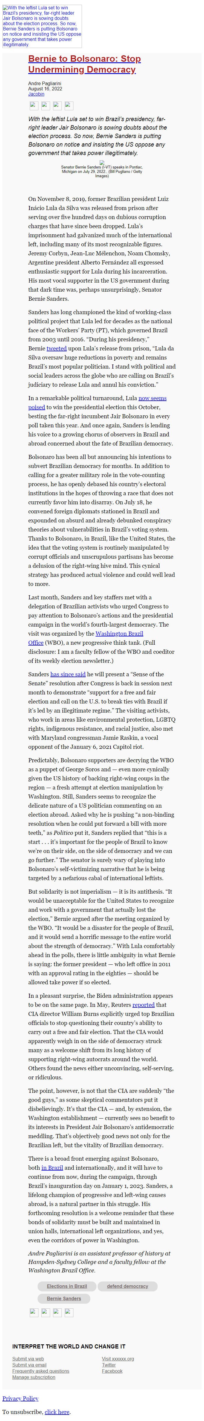 Screenshot of the email generated on import