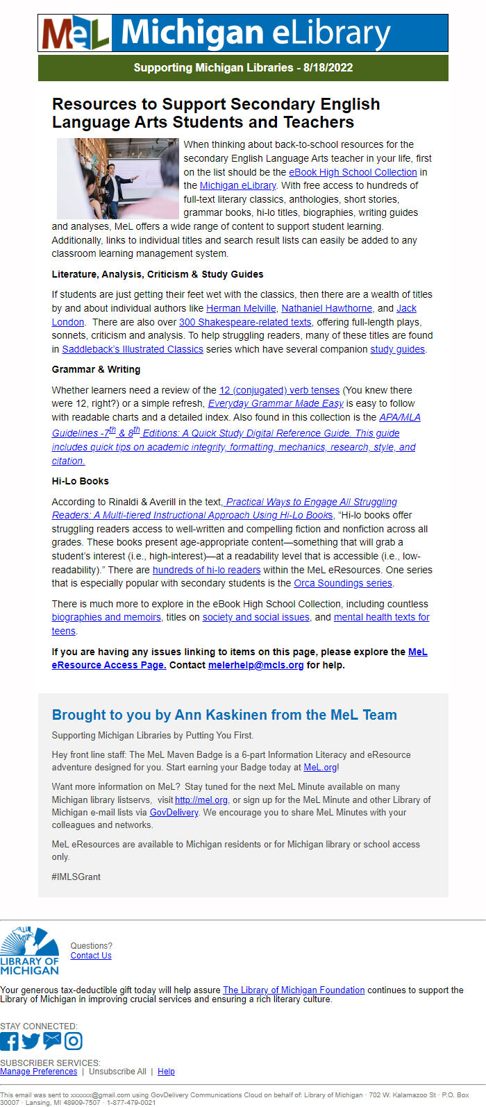 Screenshot of the email generated on import