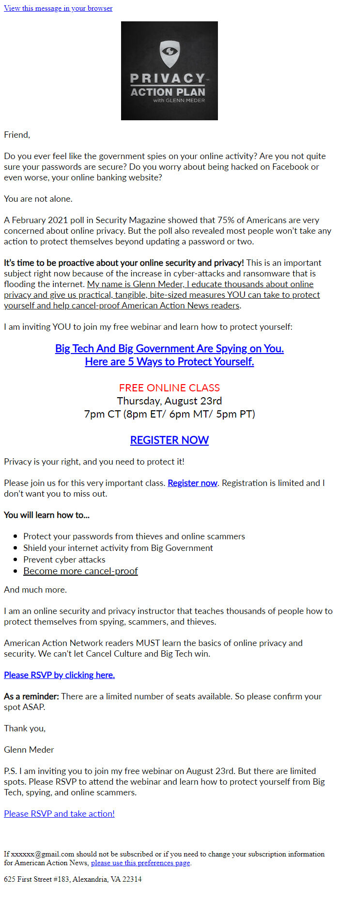 Screenshot of the email generated on import