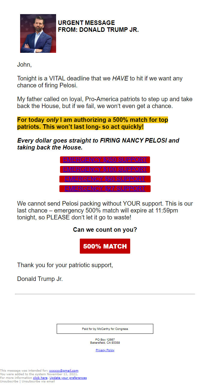 Screenshot of the email generated on import