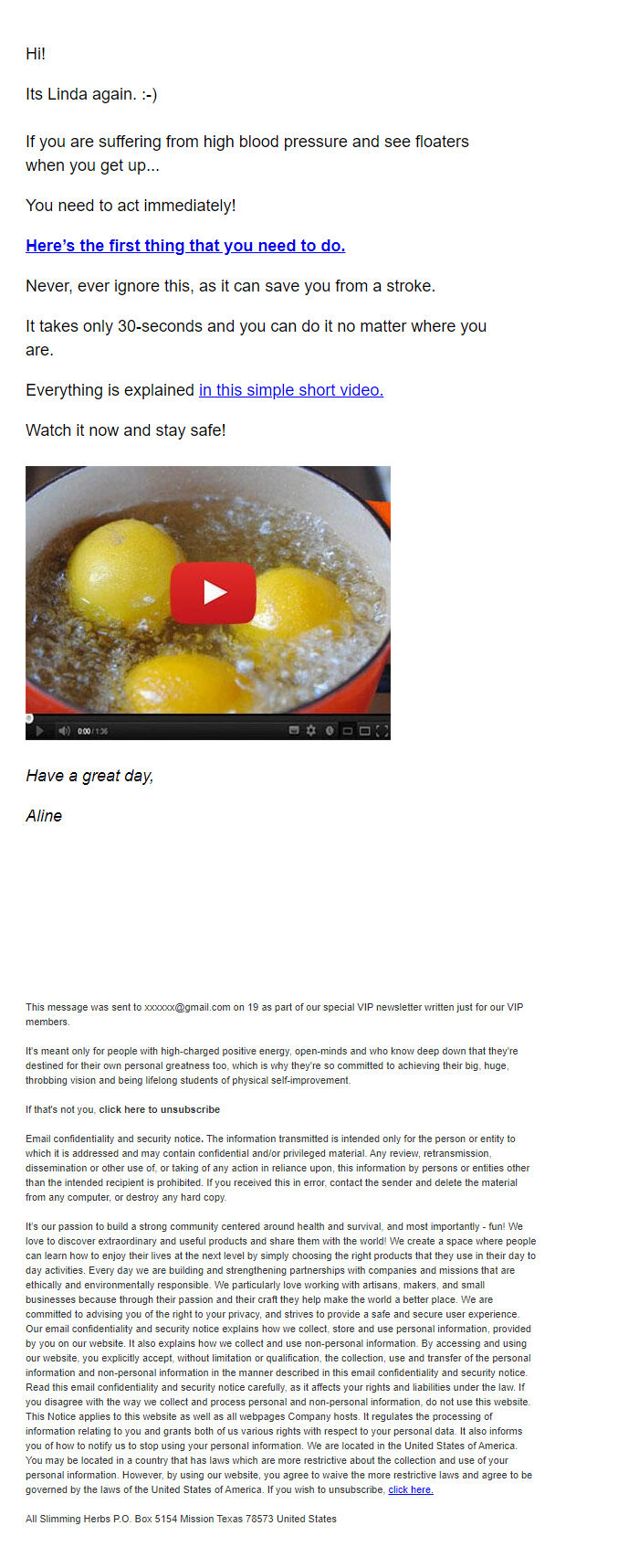 Screenshot of the email generated on import