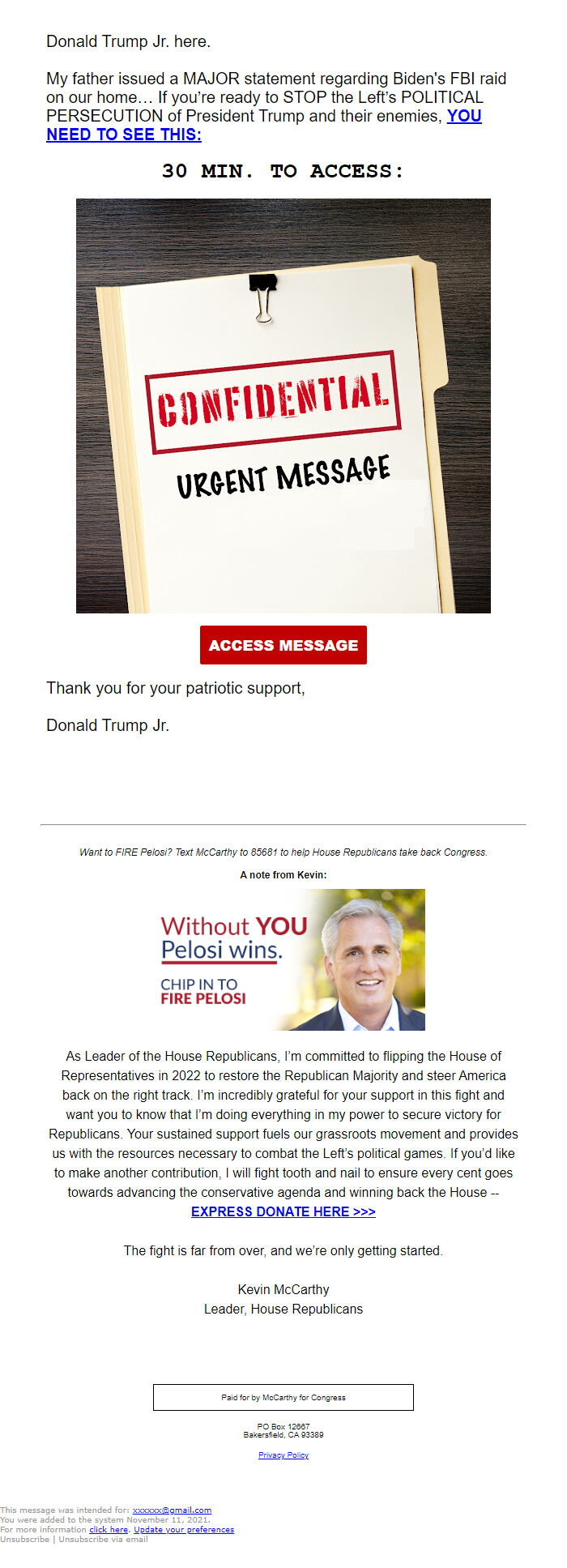 Screenshot of the email generated on import