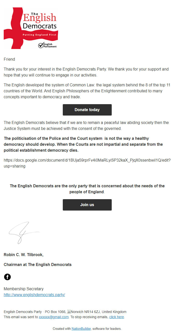 Screenshot of the email generated on import