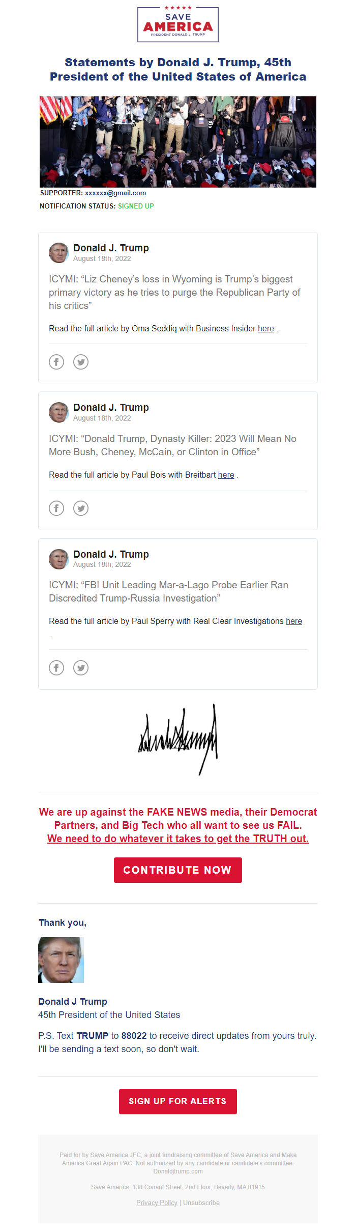 Screenshot of the email generated on import