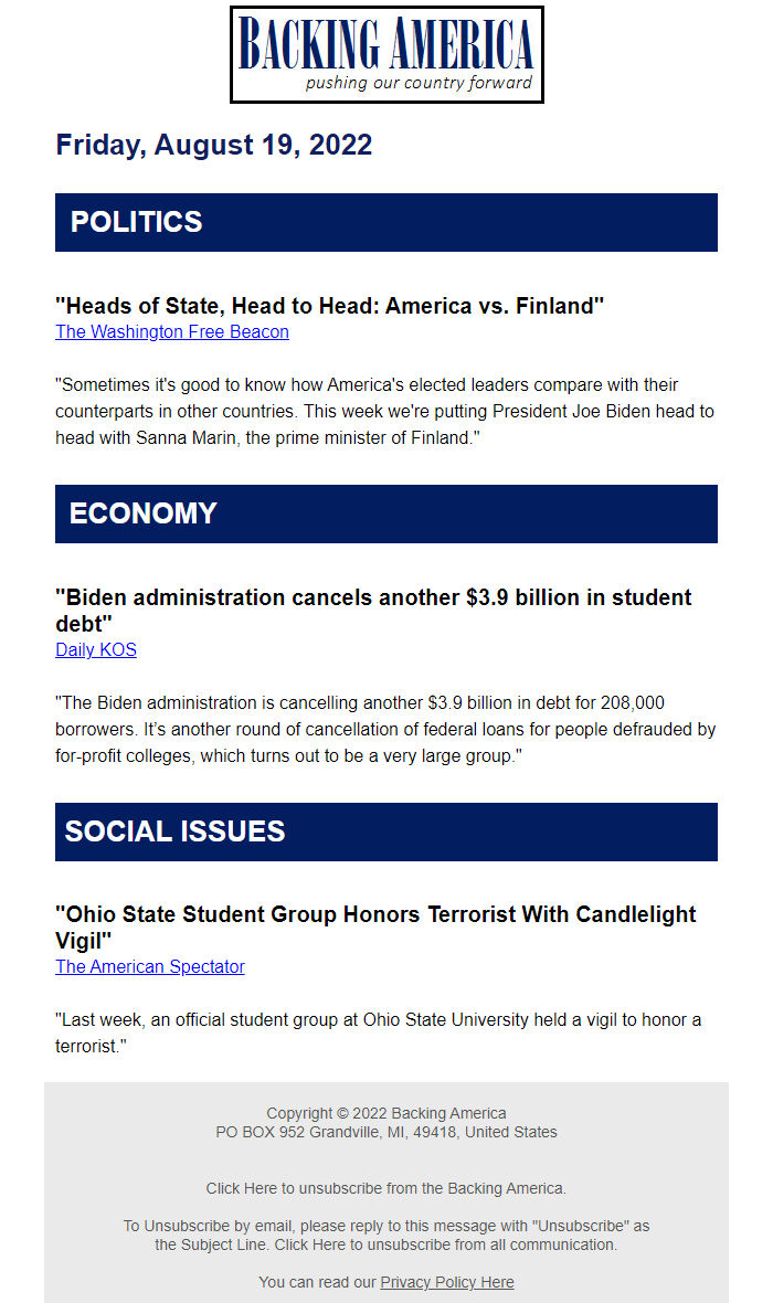 Screenshot of the email generated on import