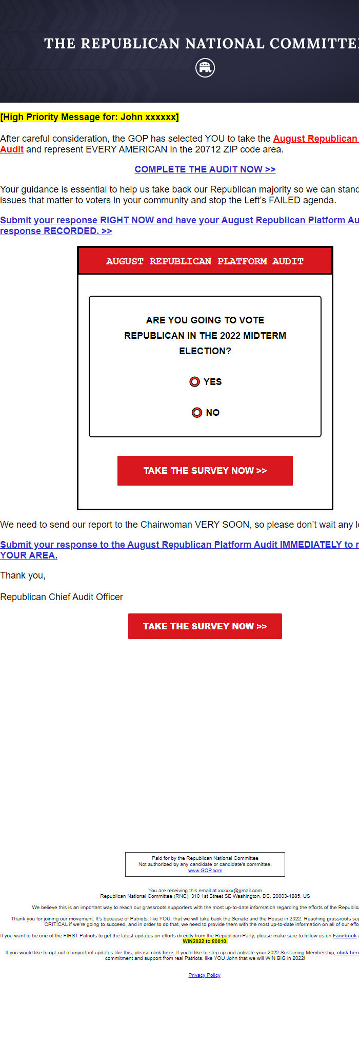 Screenshot of the email generated on import