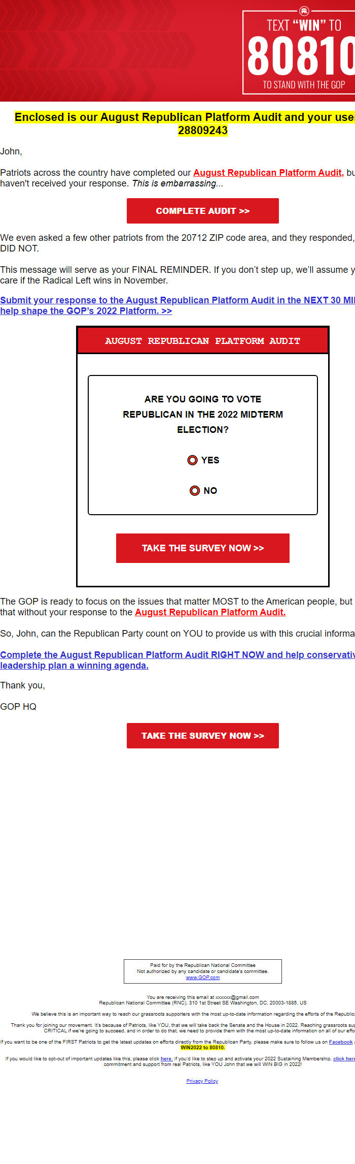 Screenshot of the email generated on import