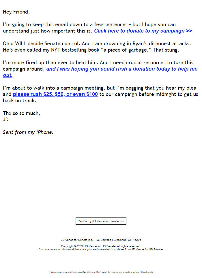 Screenshot of the email generated on import