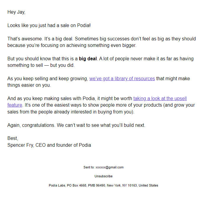 Screenshot of the email generated on import