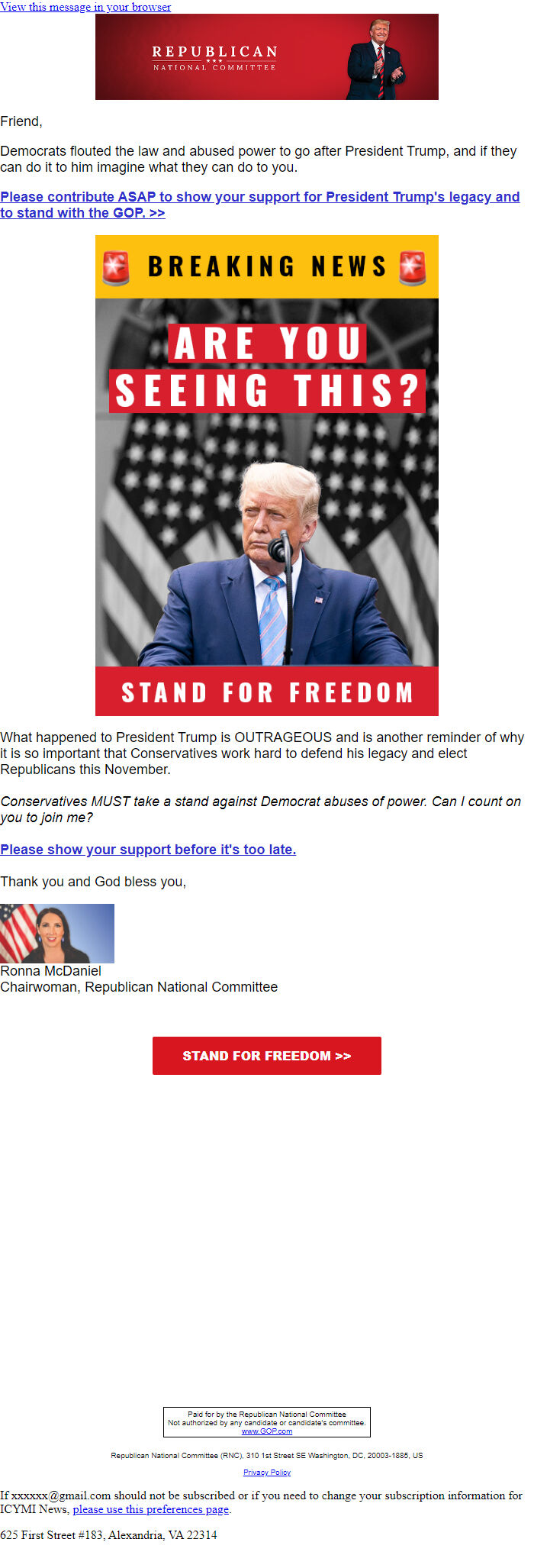 Screenshot of the email generated on import