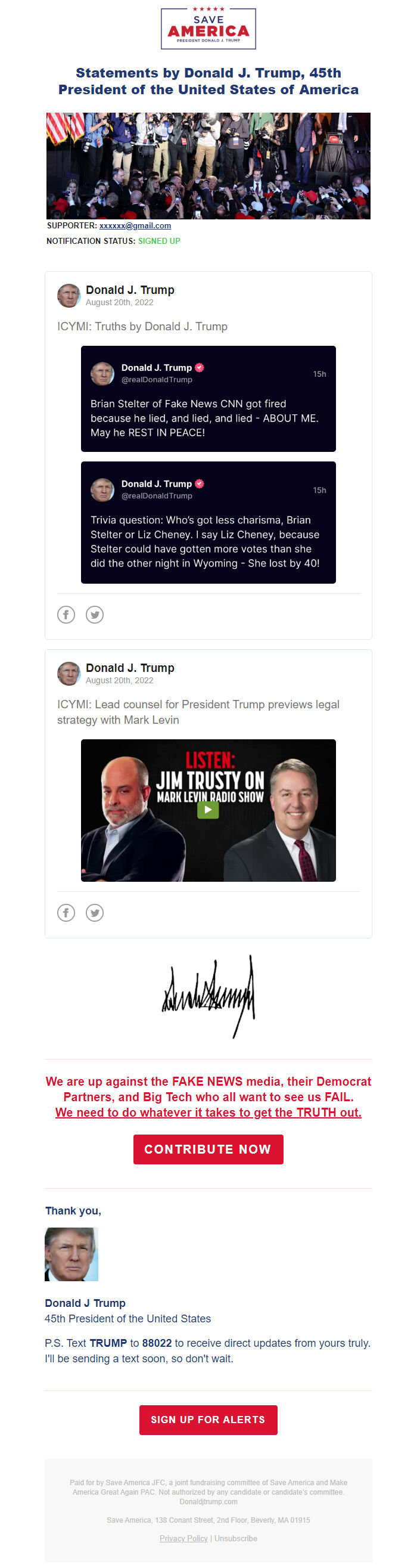 Screenshot of the email generated on import