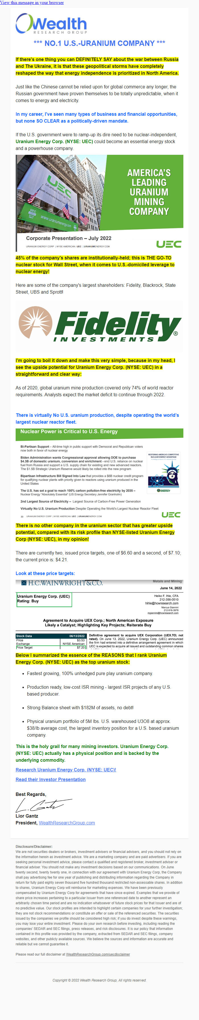 Screenshot of the email generated on import