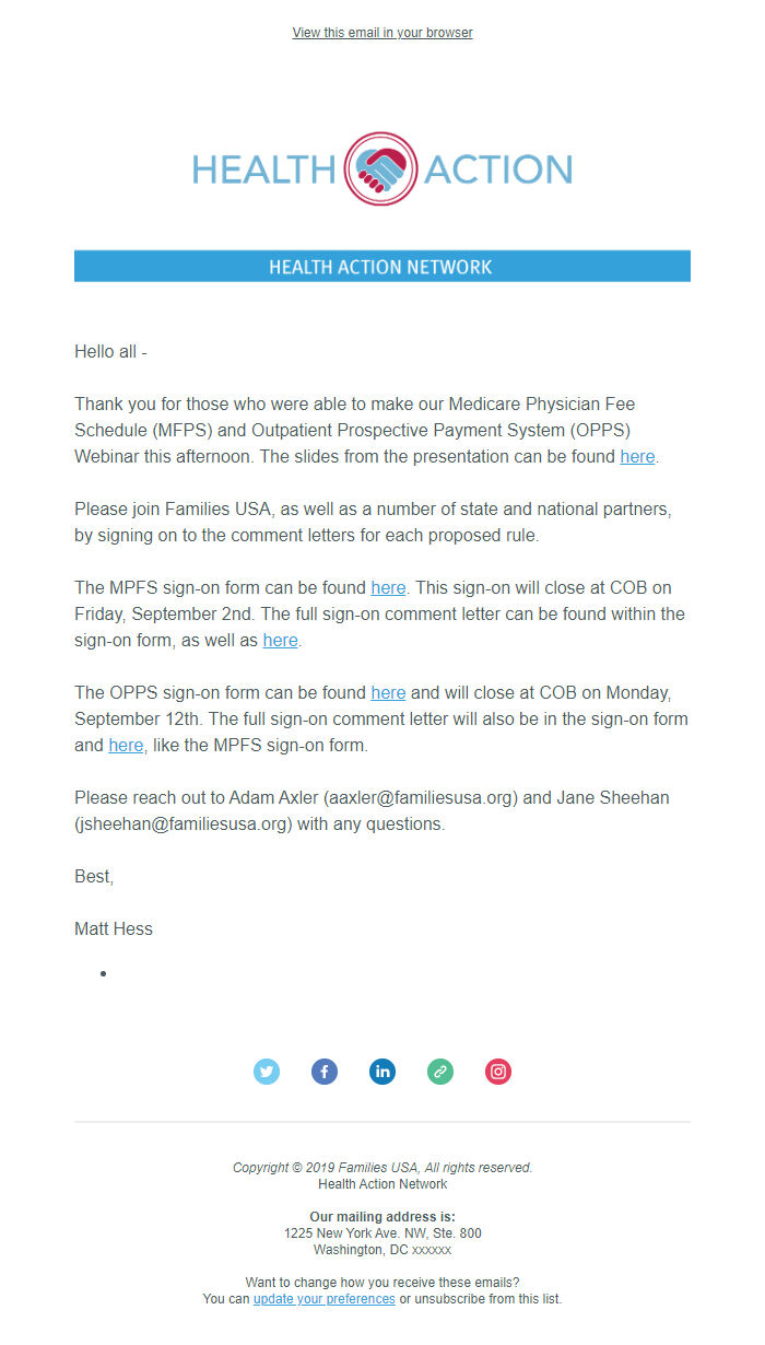 Screenshot of the email generated on import