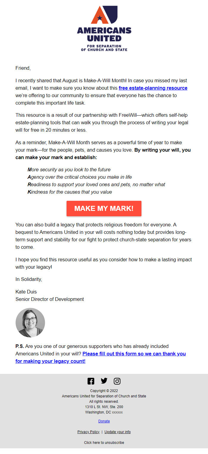 Screenshot of the email generated on import