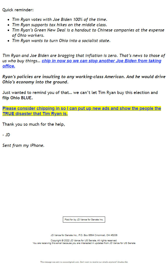 Screenshot of the email generated on import