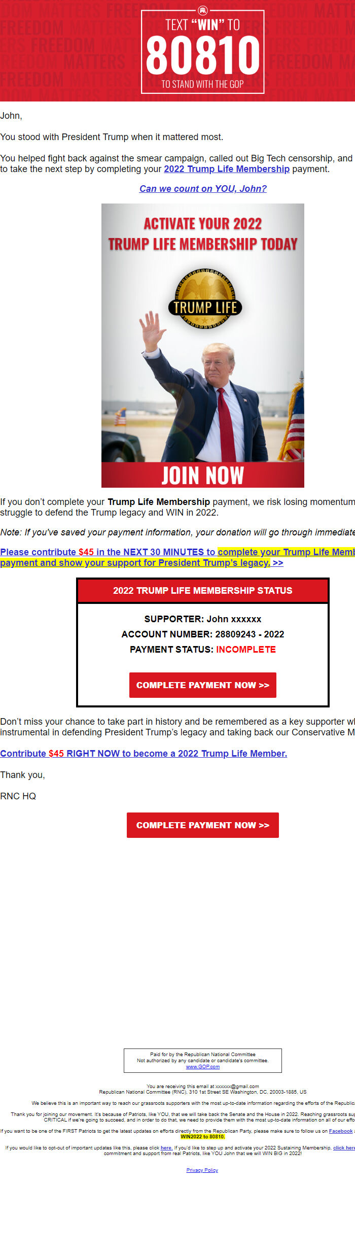 Screenshot of the email generated on import