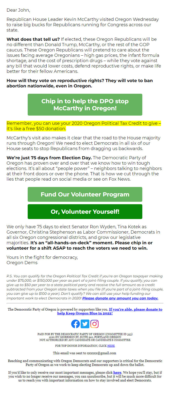 Screenshot of the email generated on import
