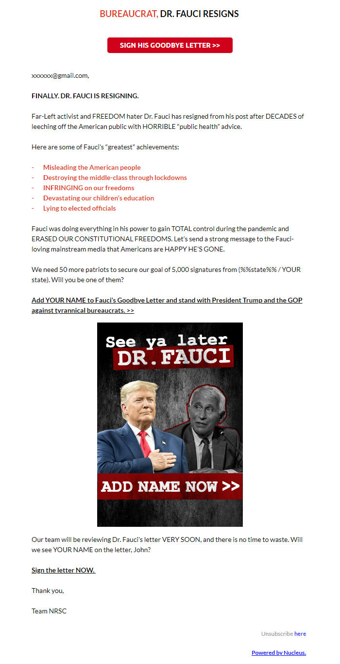 Screenshot of the email generated on import