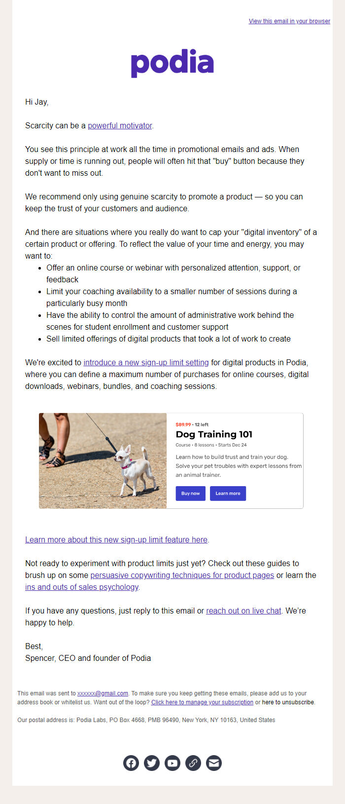 Screenshot of the email generated on import