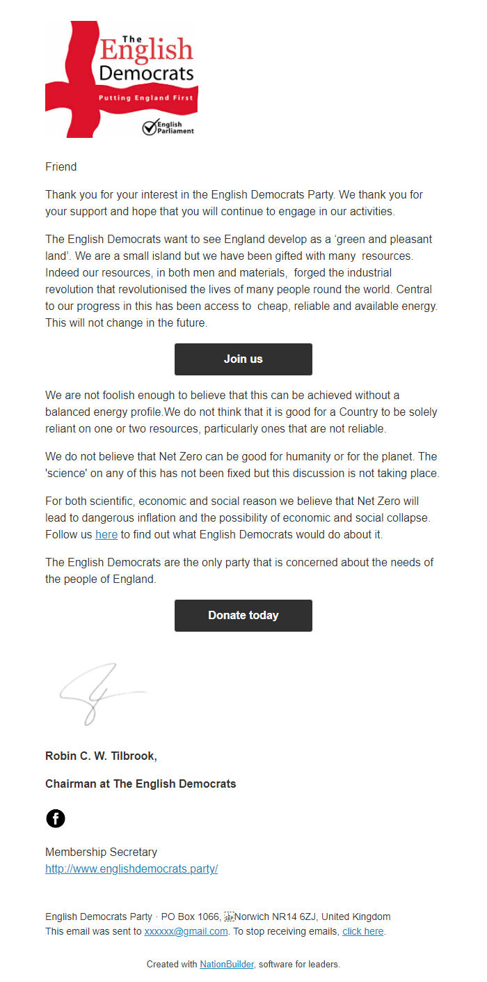 Screenshot of the email generated on import
