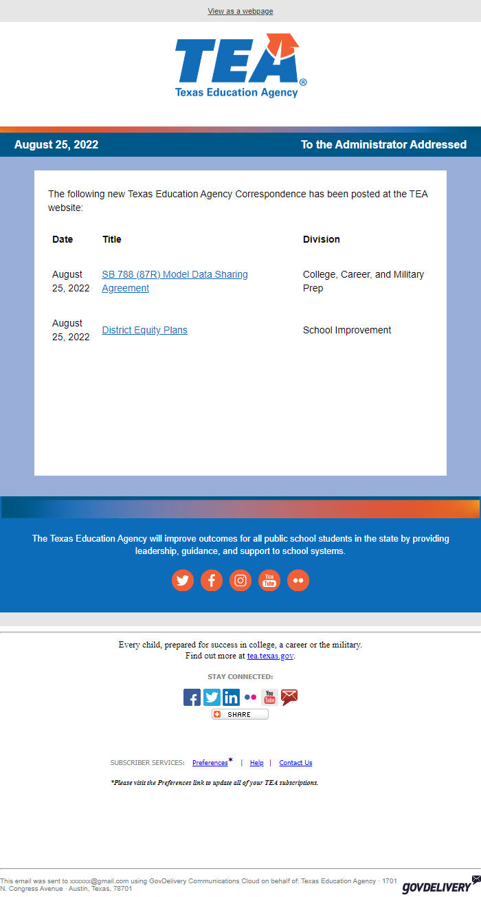 Screenshot of the email generated on import
