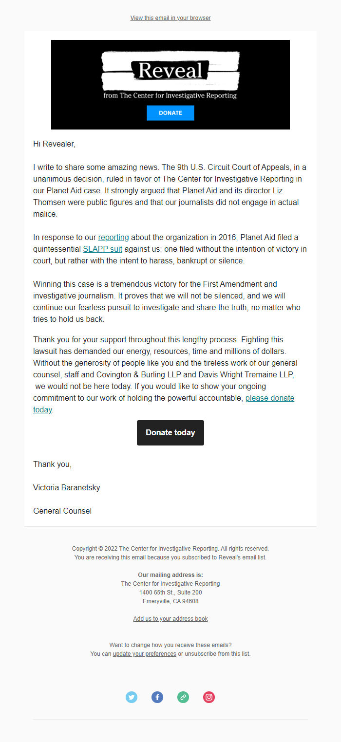 Screenshot of the email generated on import