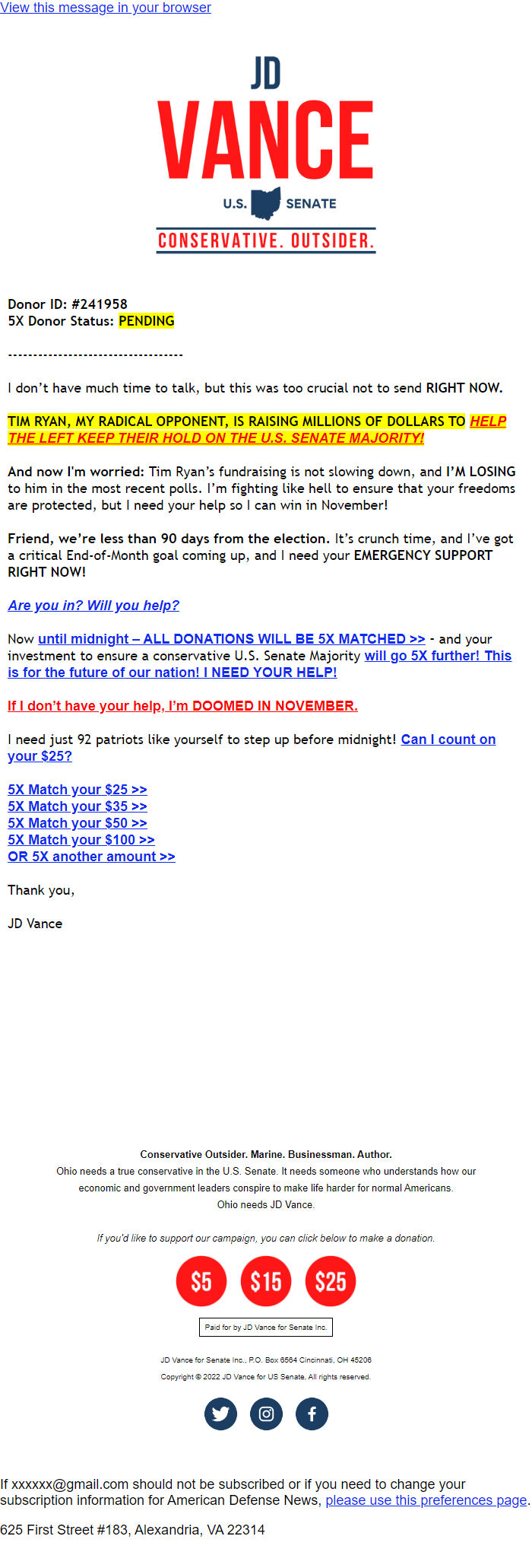 Screenshot of the email generated on import