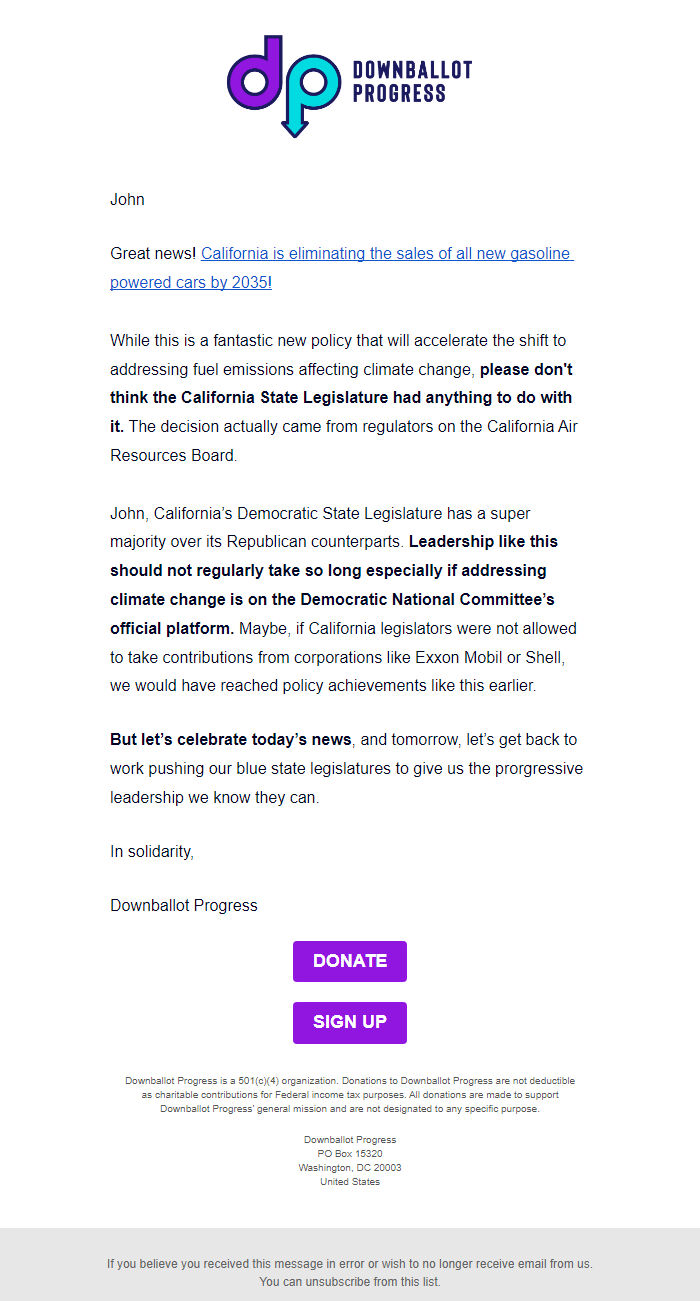 Screenshot of the email generated on import