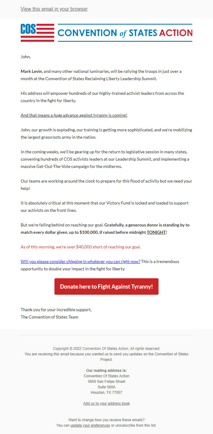 Screenshot of the email generated on import