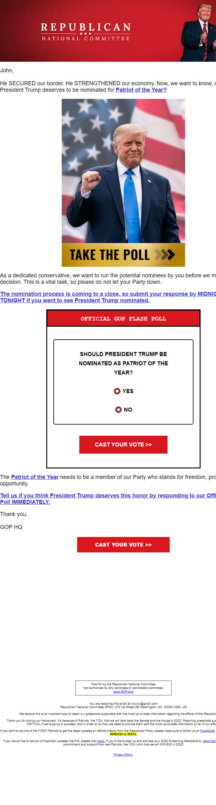 Screenshot of the email generated on import