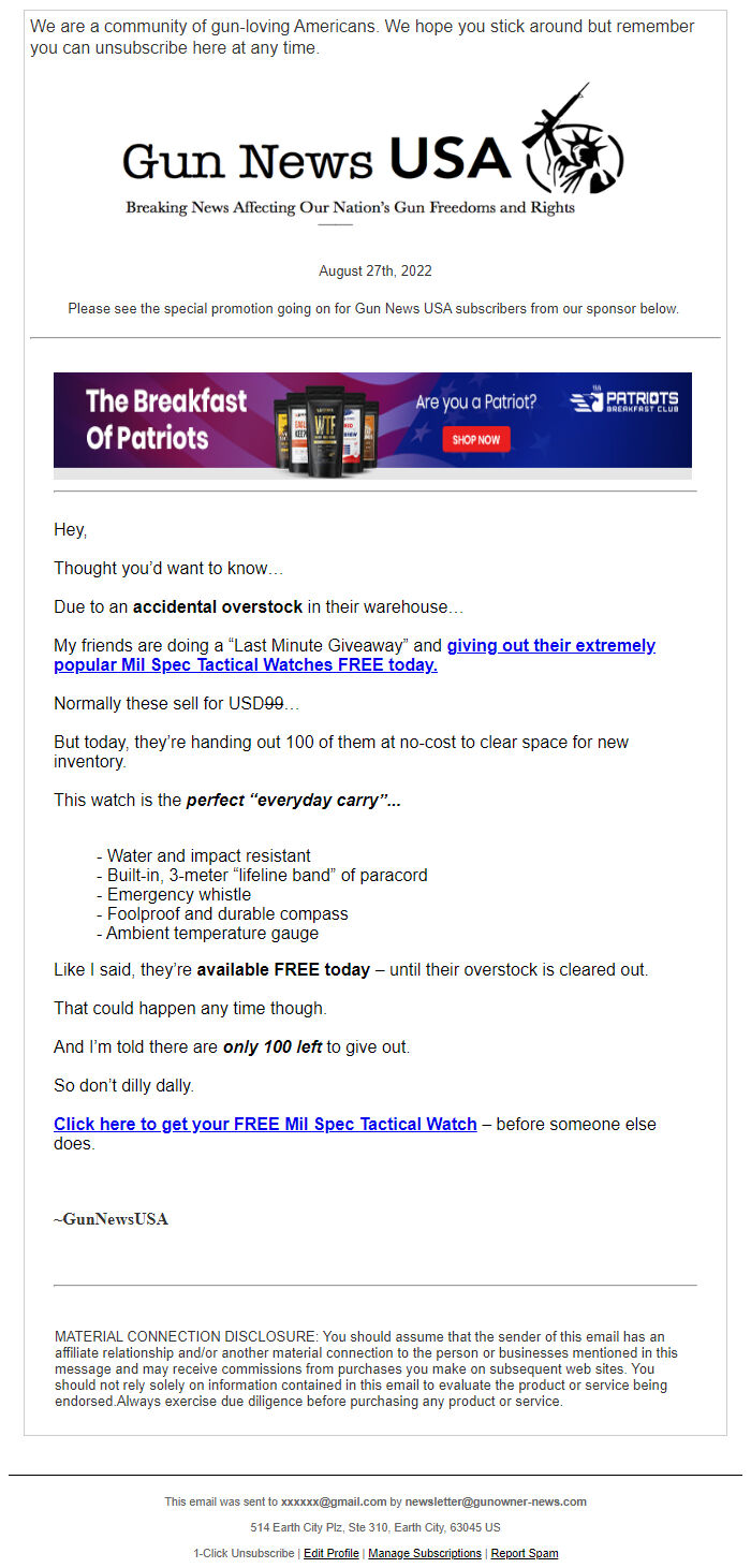 Screenshot of the email generated on import