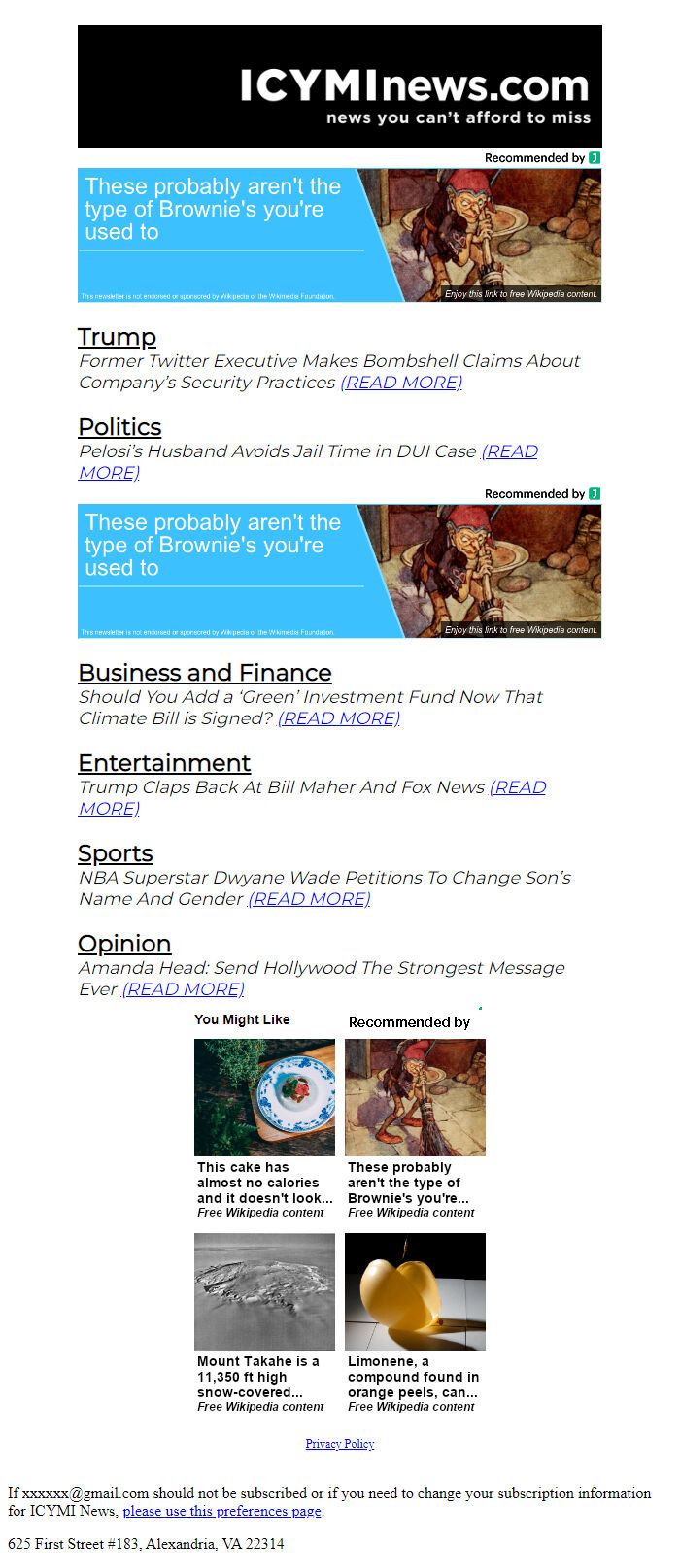 Screenshot of the email generated on import