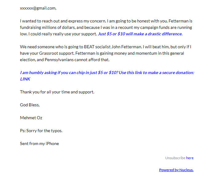 Screenshot of the email generated on import
