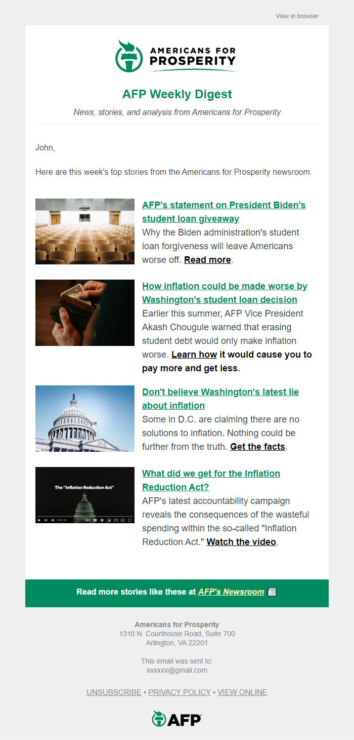 Screenshot of the email generated on import