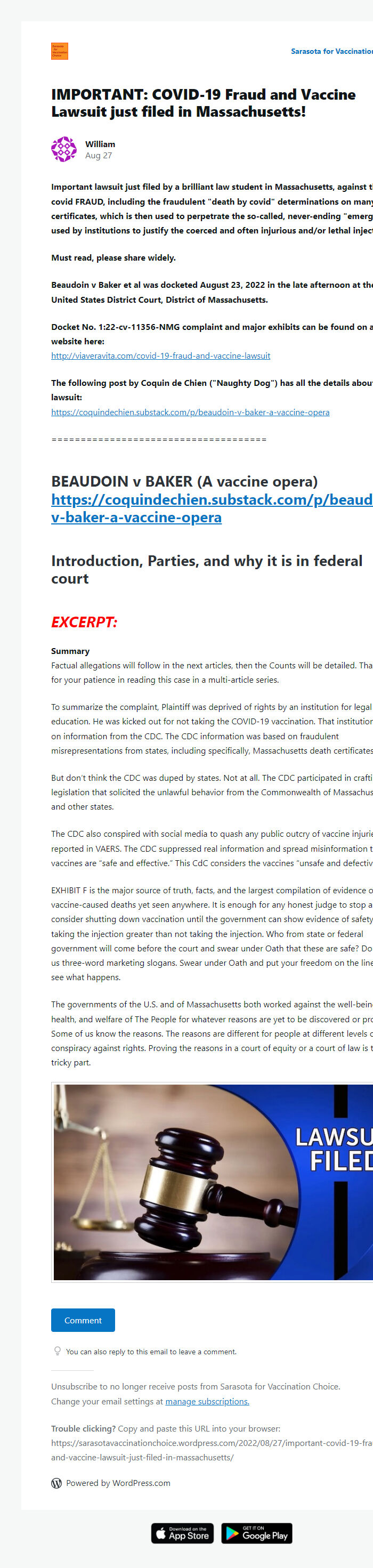 Screenshot of the email generated on import