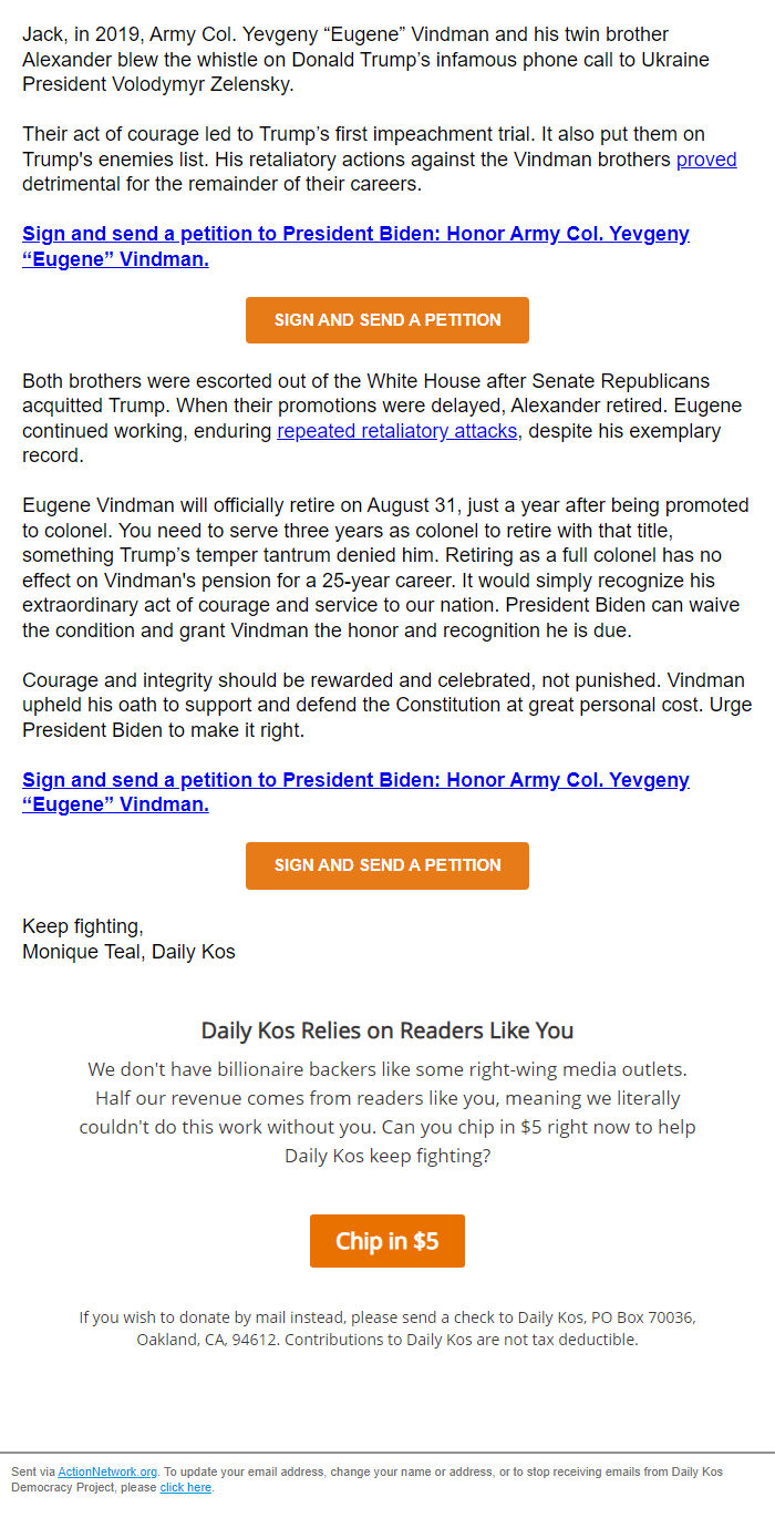 Screenshot of the email generated on import