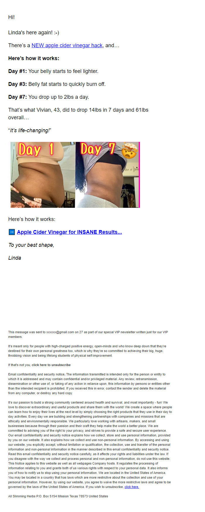 Screenshot of the email generated on import