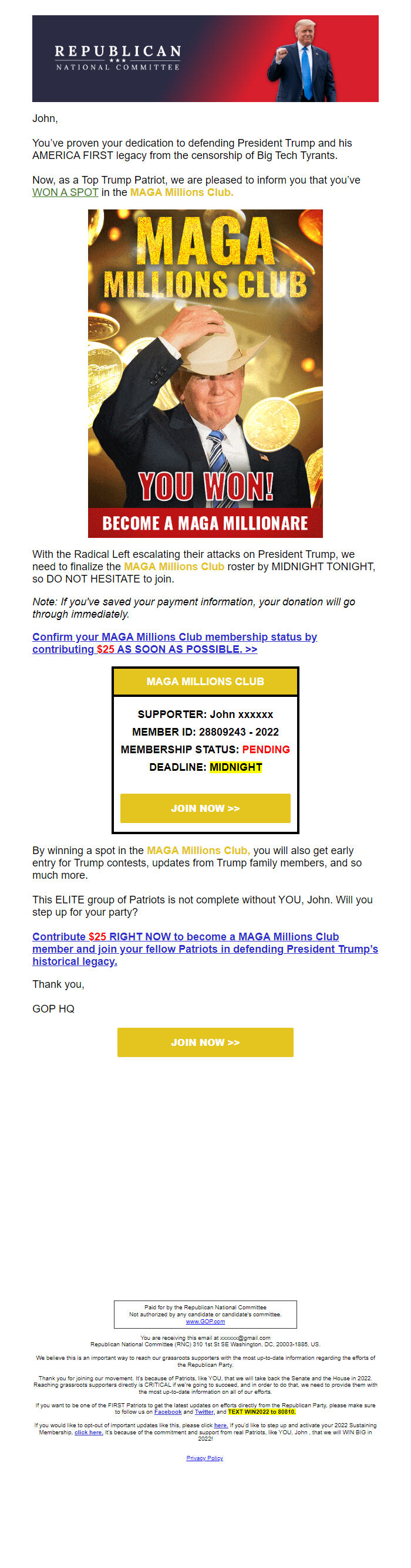 Screenshot of the email generated on import