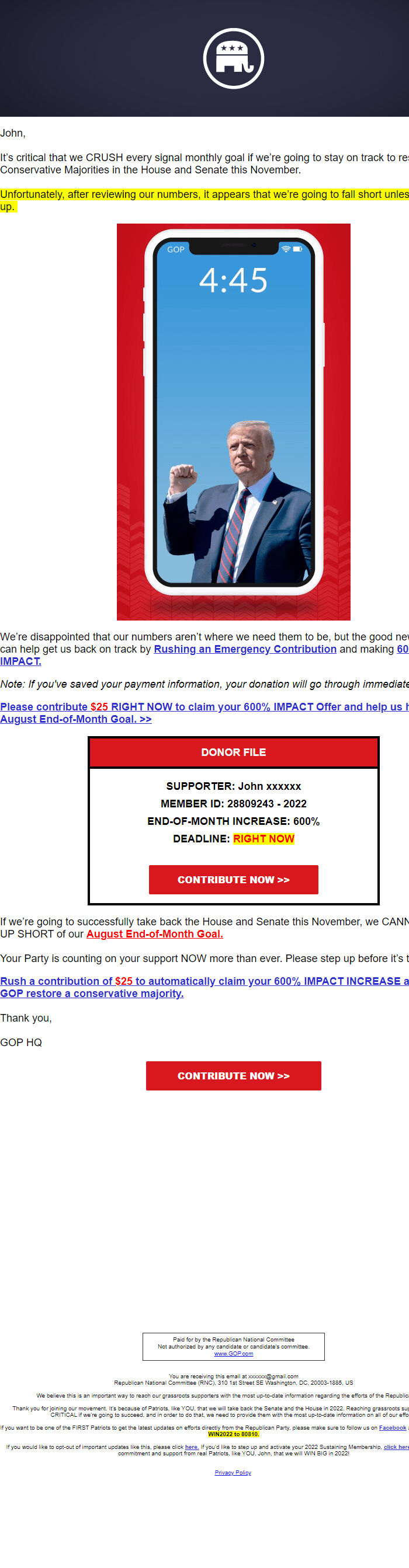 Screenshot of the email generated on import