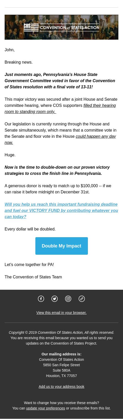 Screenshot of the email generated on import