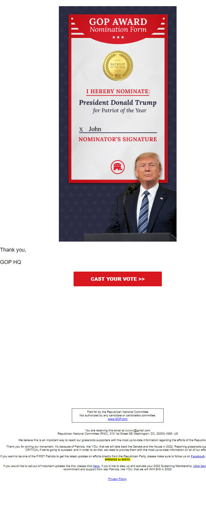 Screenshot of the email generated on import