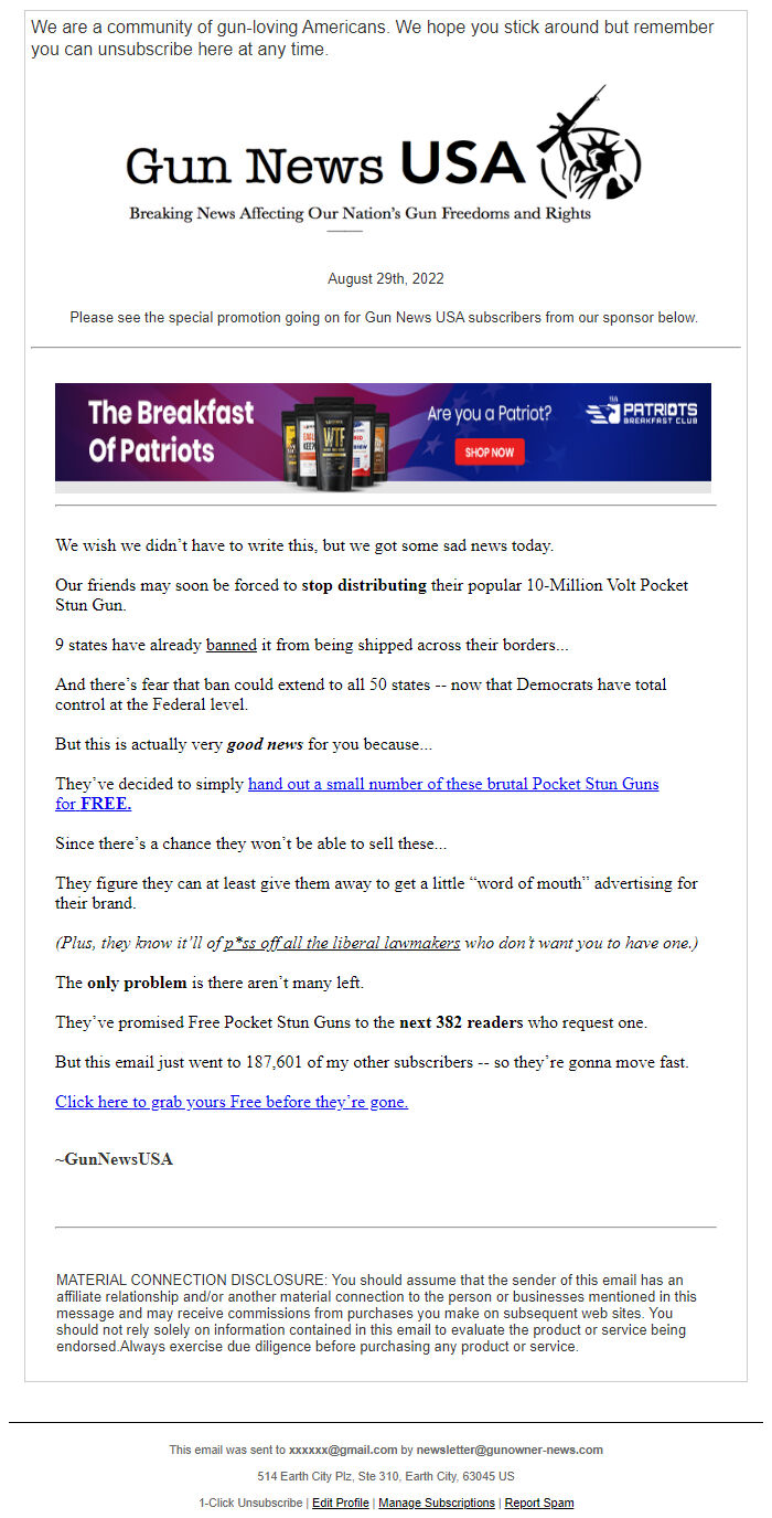 Screenshot of the email generated on import