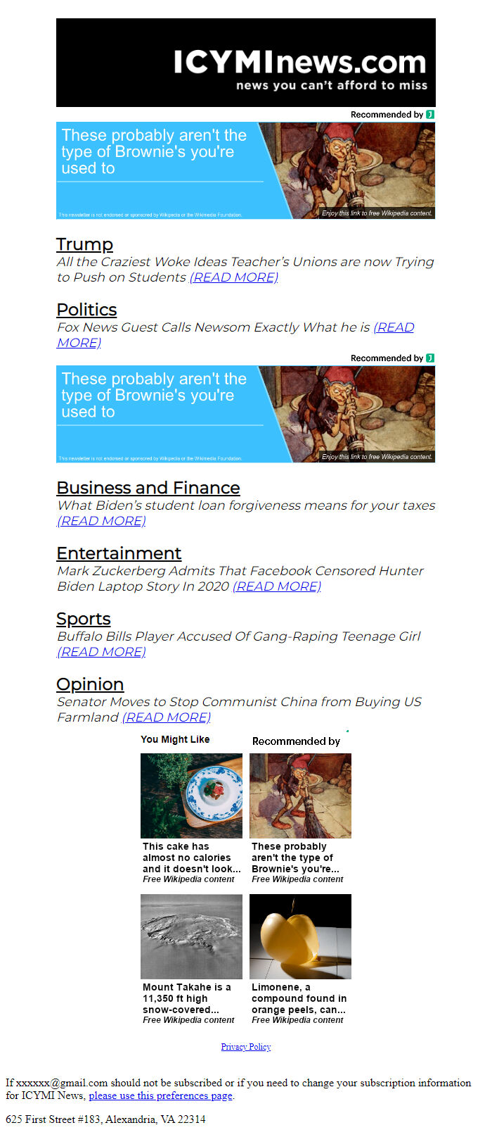 Screenshot of the email generated on import