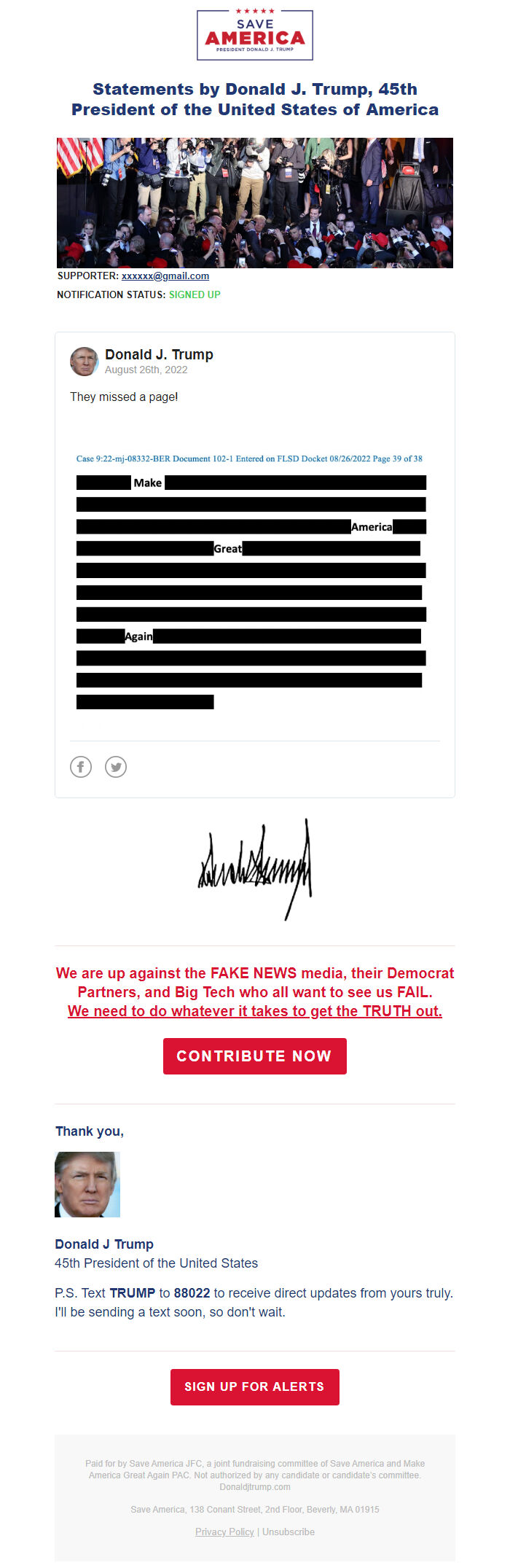 Screenshot of the email generated on import