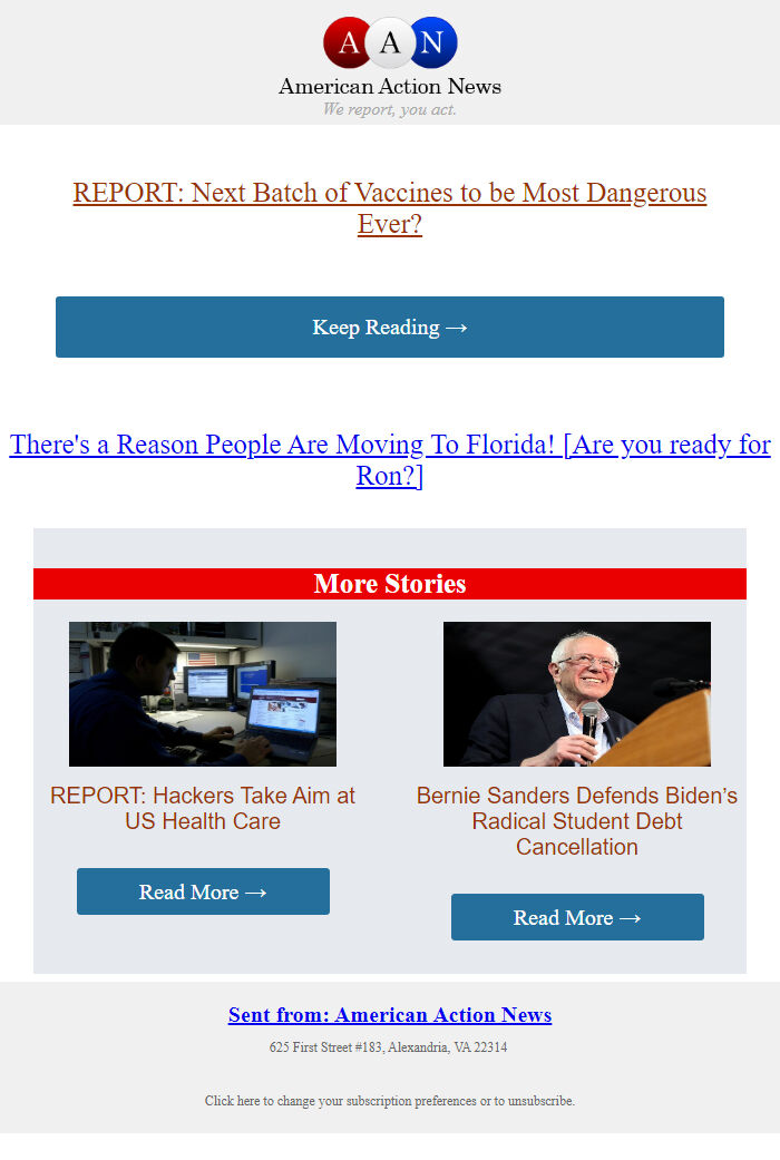 Screenshot of the email generated on import